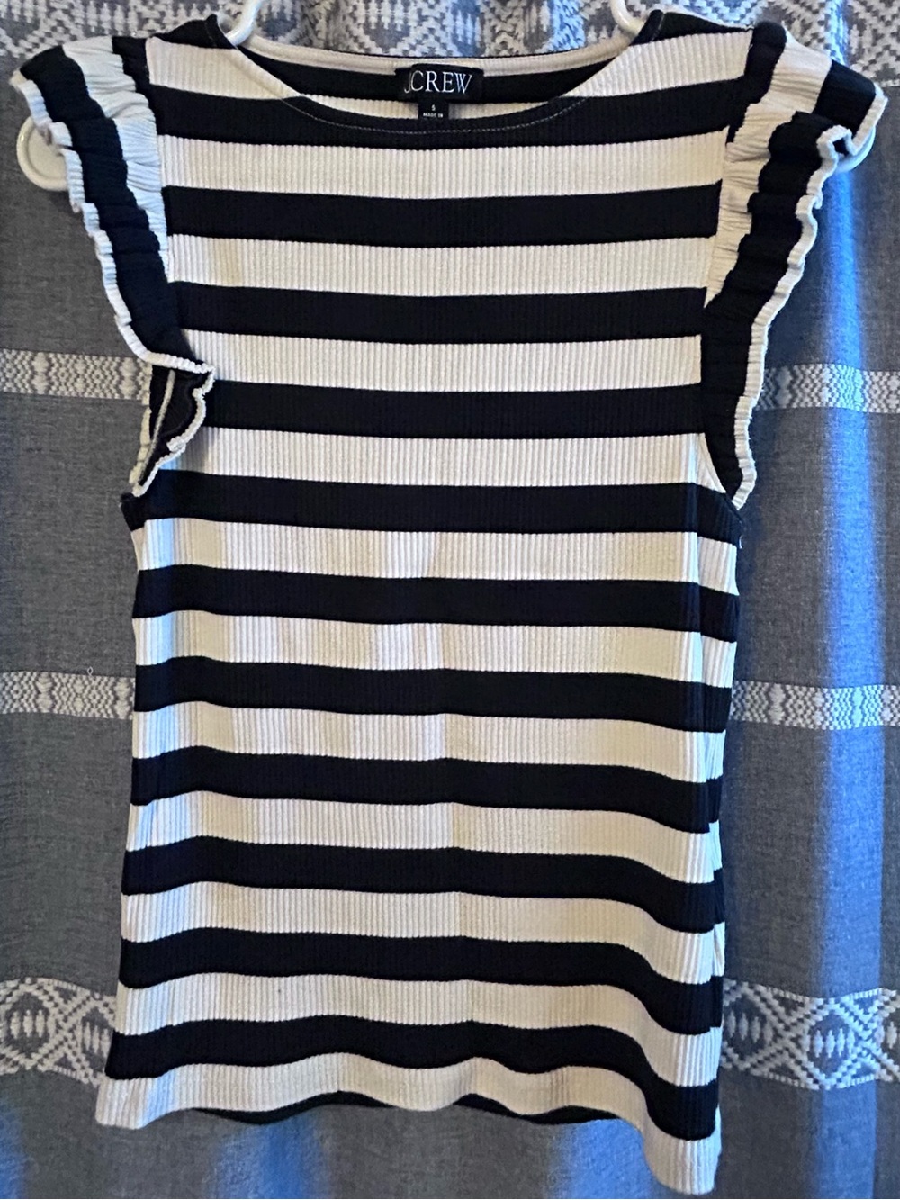 J. Crew Black and White Striped Ruffle Sleeve Tank